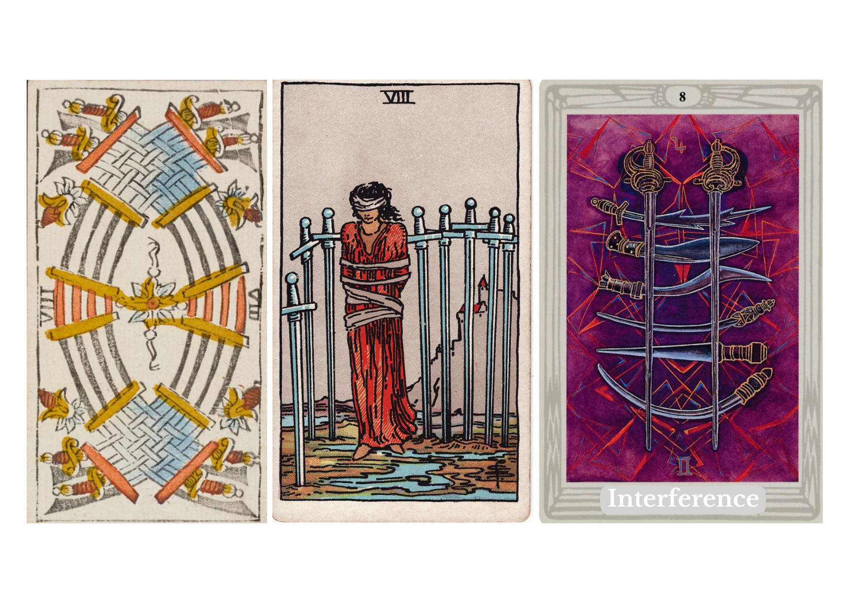 Eight of Swords Tarot Meaning — Understand the upright and reversed meanings of the Eight of Swords in love, career, health, spirituality, symbolism, and yes or no interpretation.