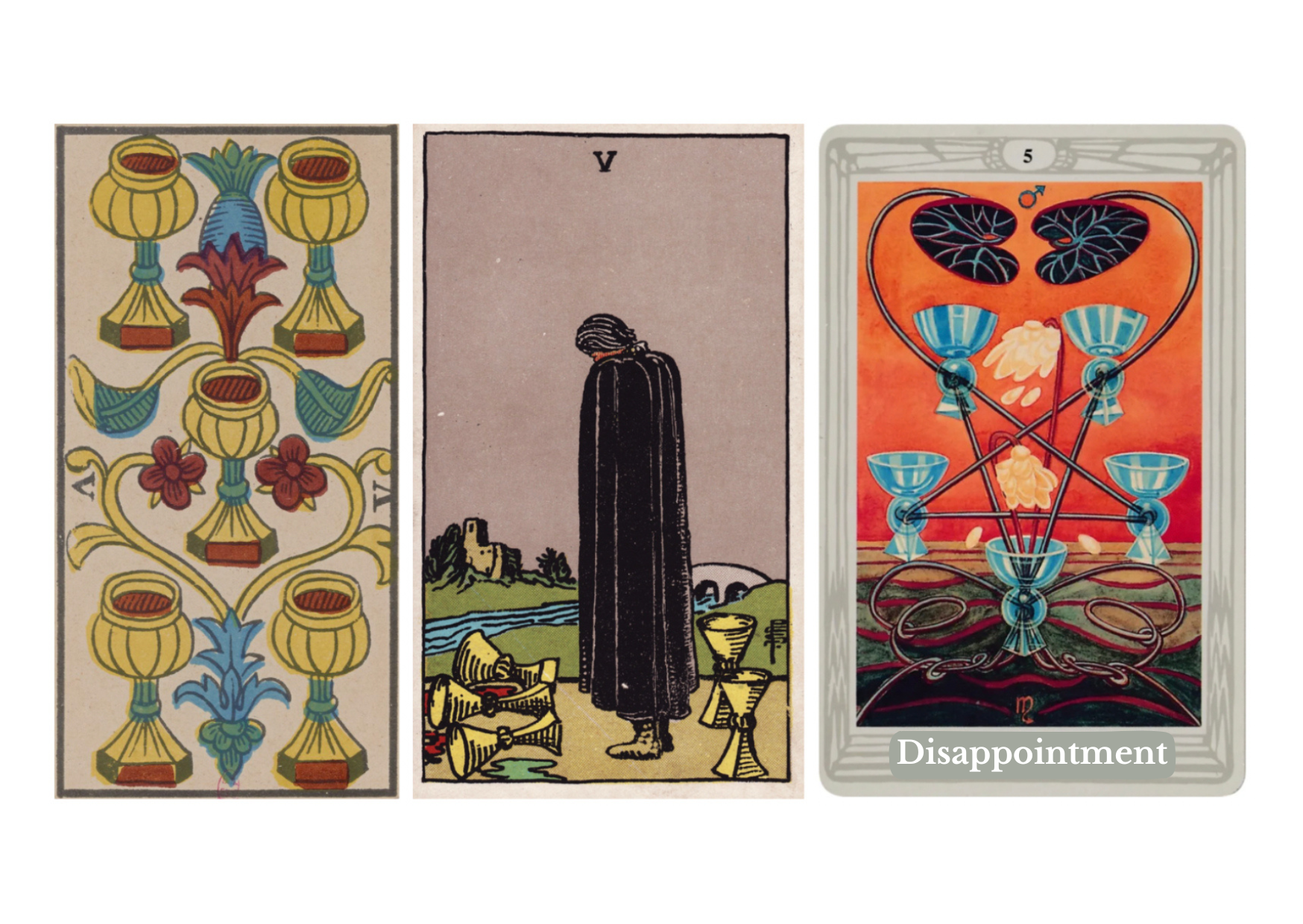 Five of Cups tarot meaning explained: a card of grief, emotional disappointment, and healing through acknowledgment. Understand its symbolism, upright and reversed meanings, love, career, psychological and spiritual interpretations in the Fool’s journey.