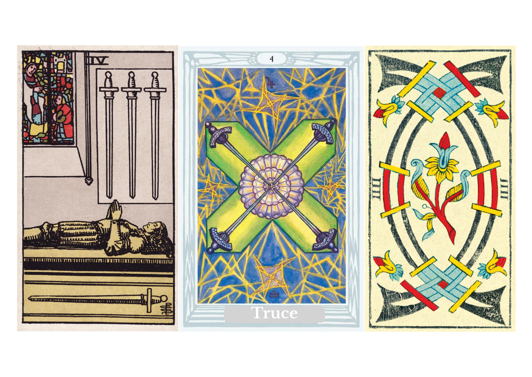 Four of Swords tarot meaning explained: a card of rest, recovery, mental peace, emotional healing after heartbreak, retreat, spiritual stillness, upright and reversed meanings, love and career guidance, psychological and spiritual interpretation, and its place in the Fool’s journey.