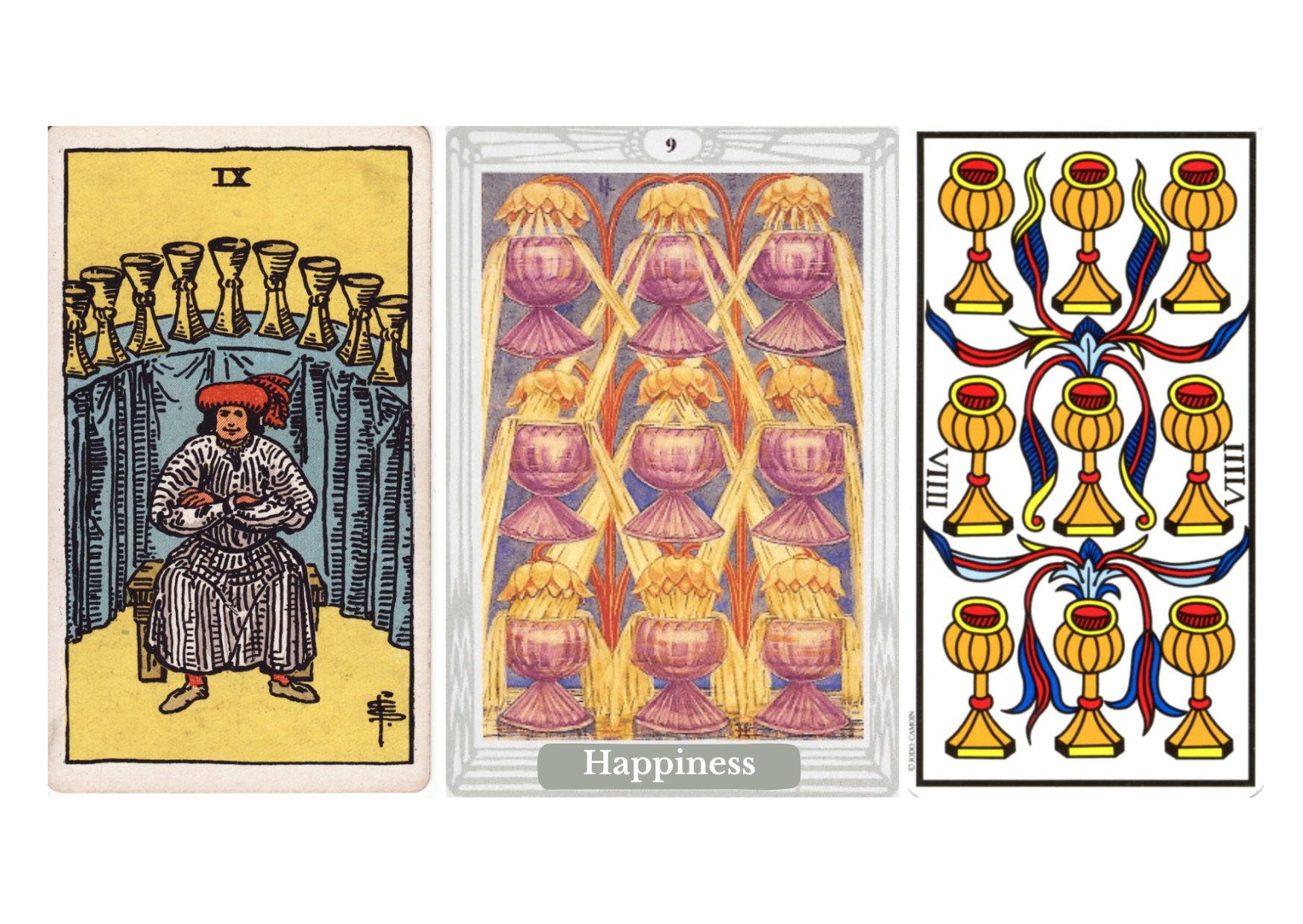 Nine of Cups tarot meaning explained: the “wish fulfilled” card of emotional satisfaction, self-worth, gratitude, success, fulfillment, upright and reversed meanings, symbolism, psychology, spirituality, and its role in the Fool’s journey.