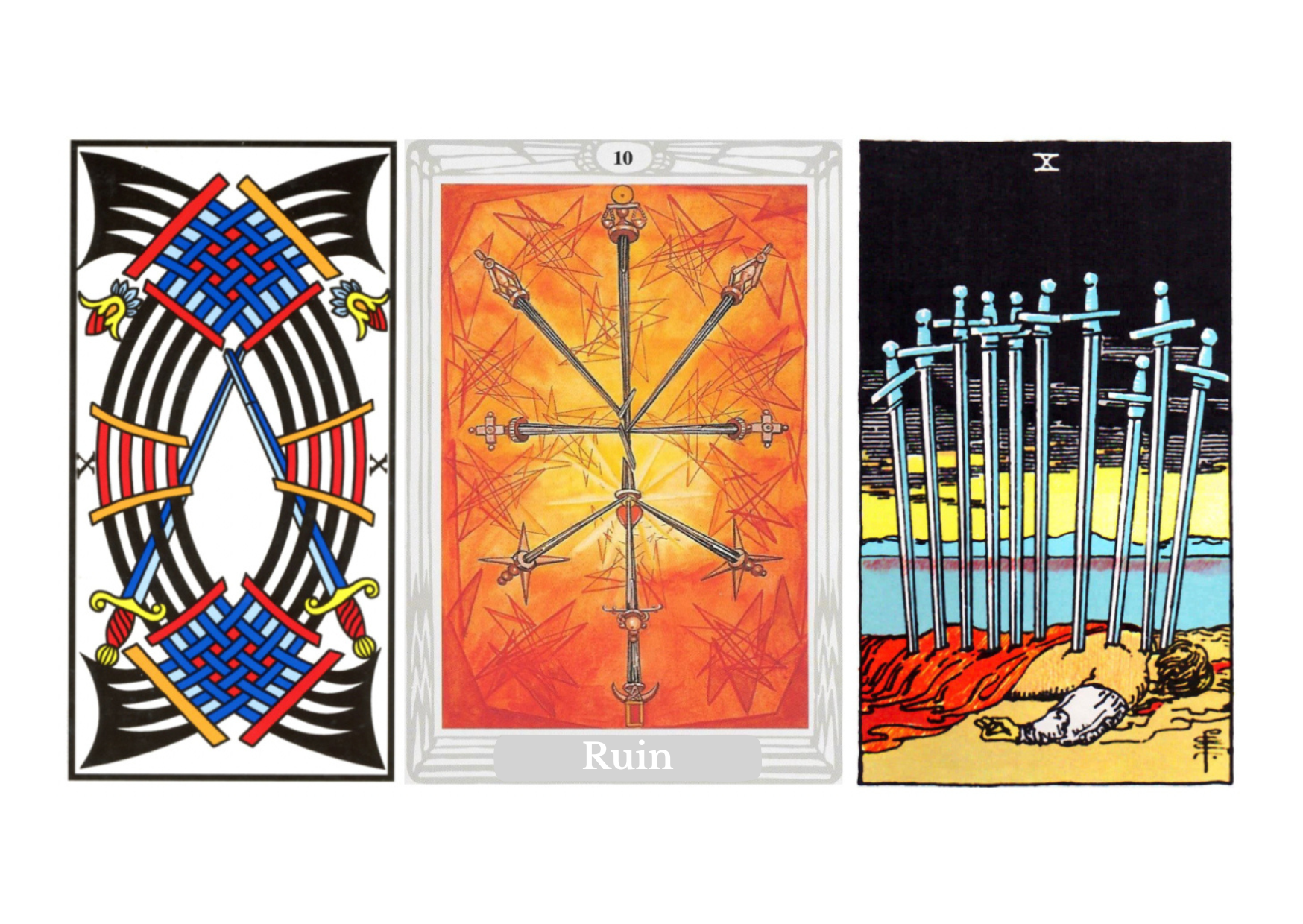 Ten of Swords tarot meaning explained: a card of painful endings, emotional collapse, betrayal, surrender, rebirth after darkness, symbolism, upright and reversed meanings, love, career, spiritual insight, and its place in the Fool’s journey.