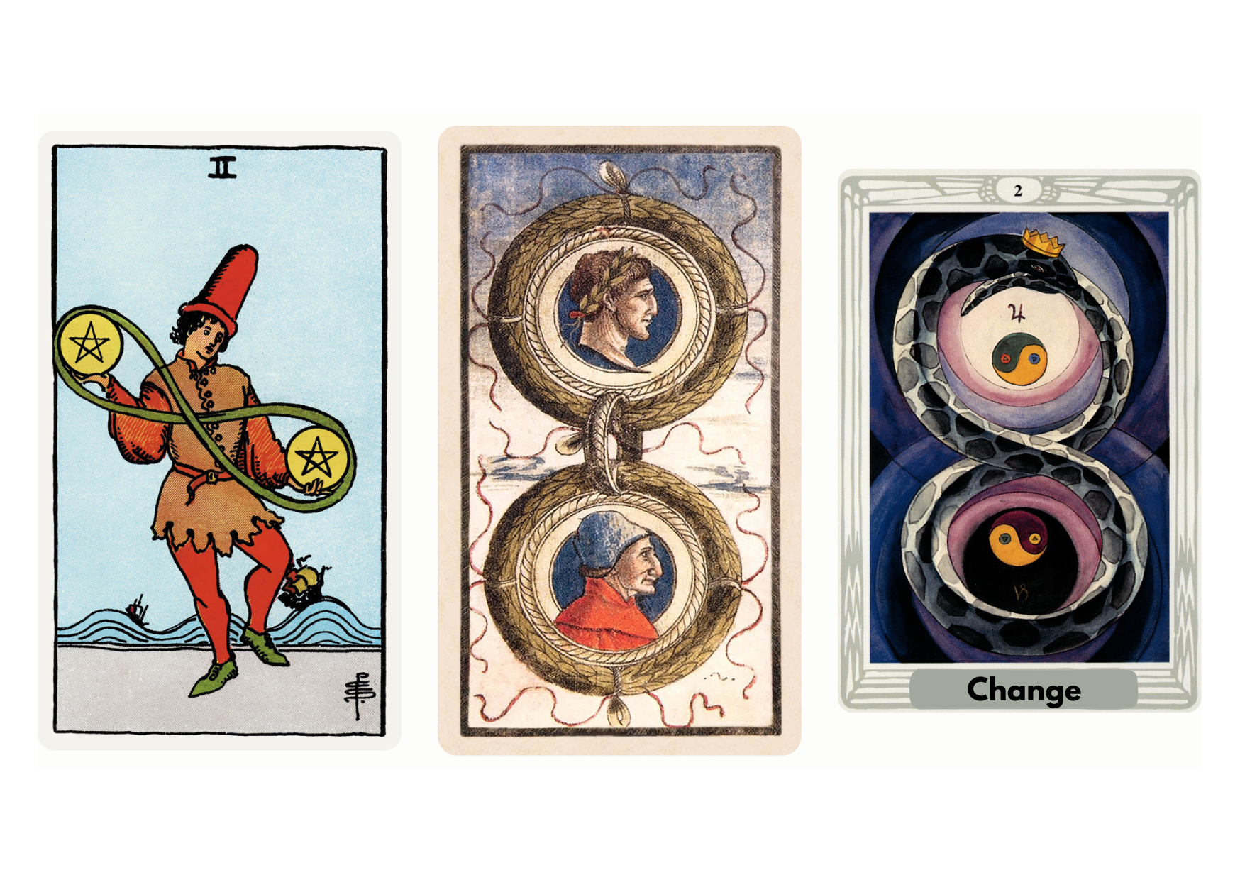Two of Pentacles tarot meaning explained: a card of balance, adaptability, time management, life transitions, financial juggling, upright and reversed meanings, symbolism, love, career, and the Fool’s journey.