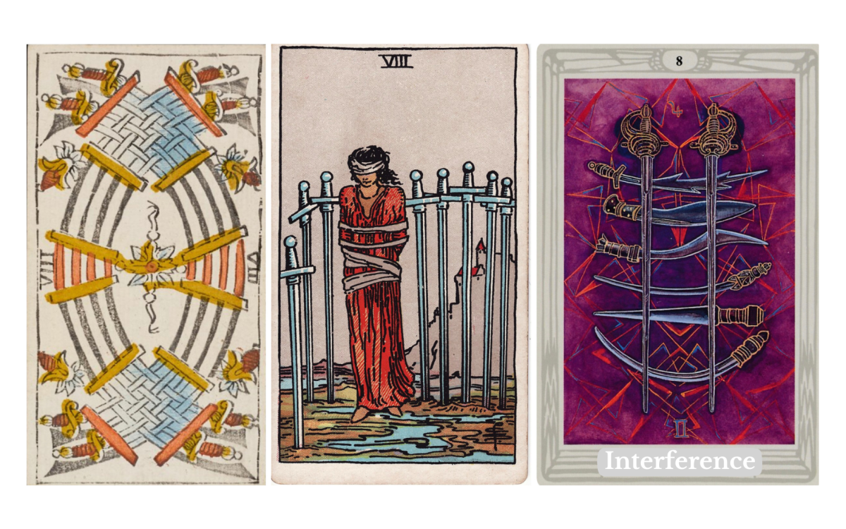 Eight of Swords Tarot Meaning — Understand the upright and reversed meanings of the Eight of Swords in love, career, health, spirituality, symbolism, and yes or no interpretation.