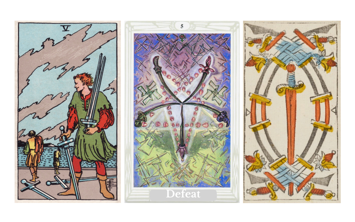 Five of Swords Tarot Meaning – Discover the upright and reversed meanings of the Five of Swords in love, career, health, spirituality, symbolism, and yes or no interpretation.