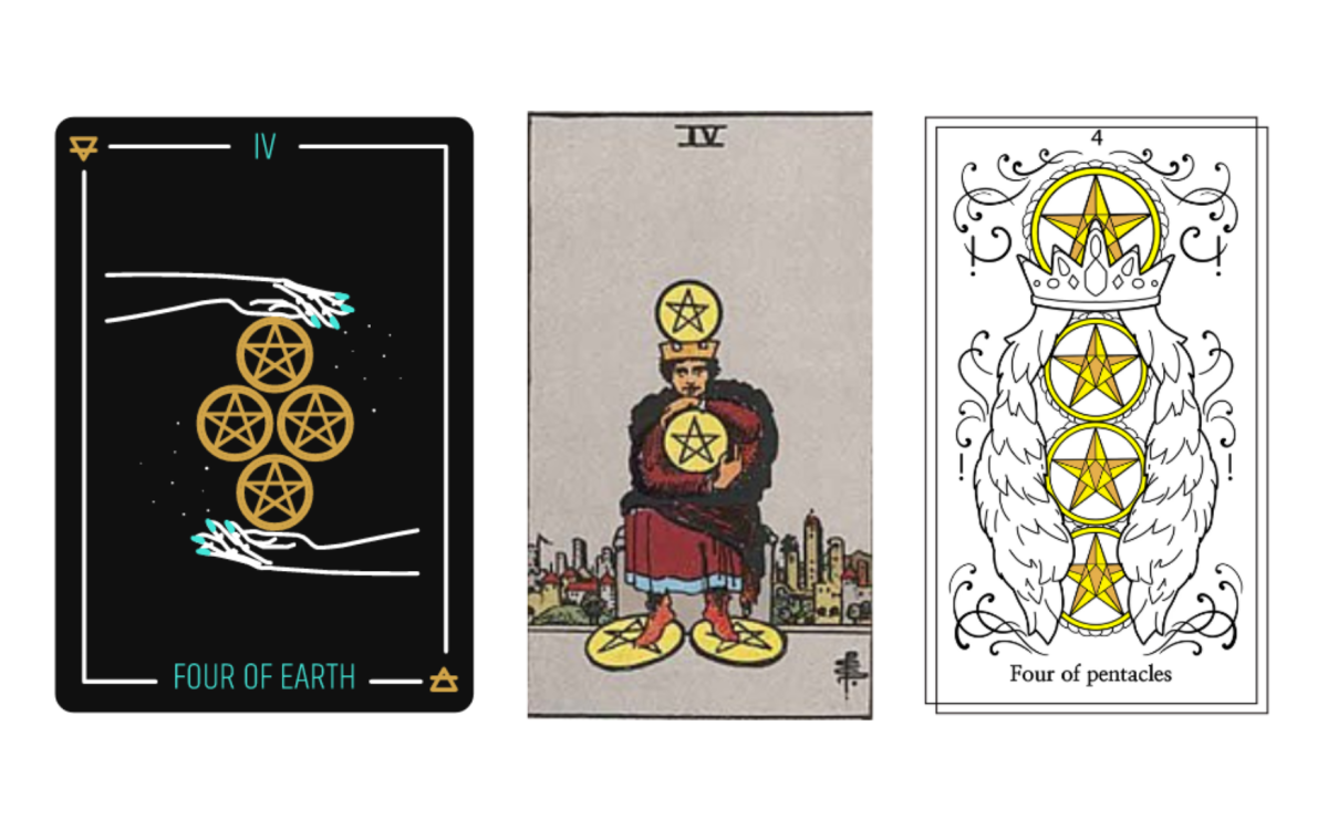Four of Pentacles tarot meaning explained: a card of security, control, material stability, emotional guarding, upright and reversed meanings, symbolism, love, career interpretations, and guidance in the Fool’s journey