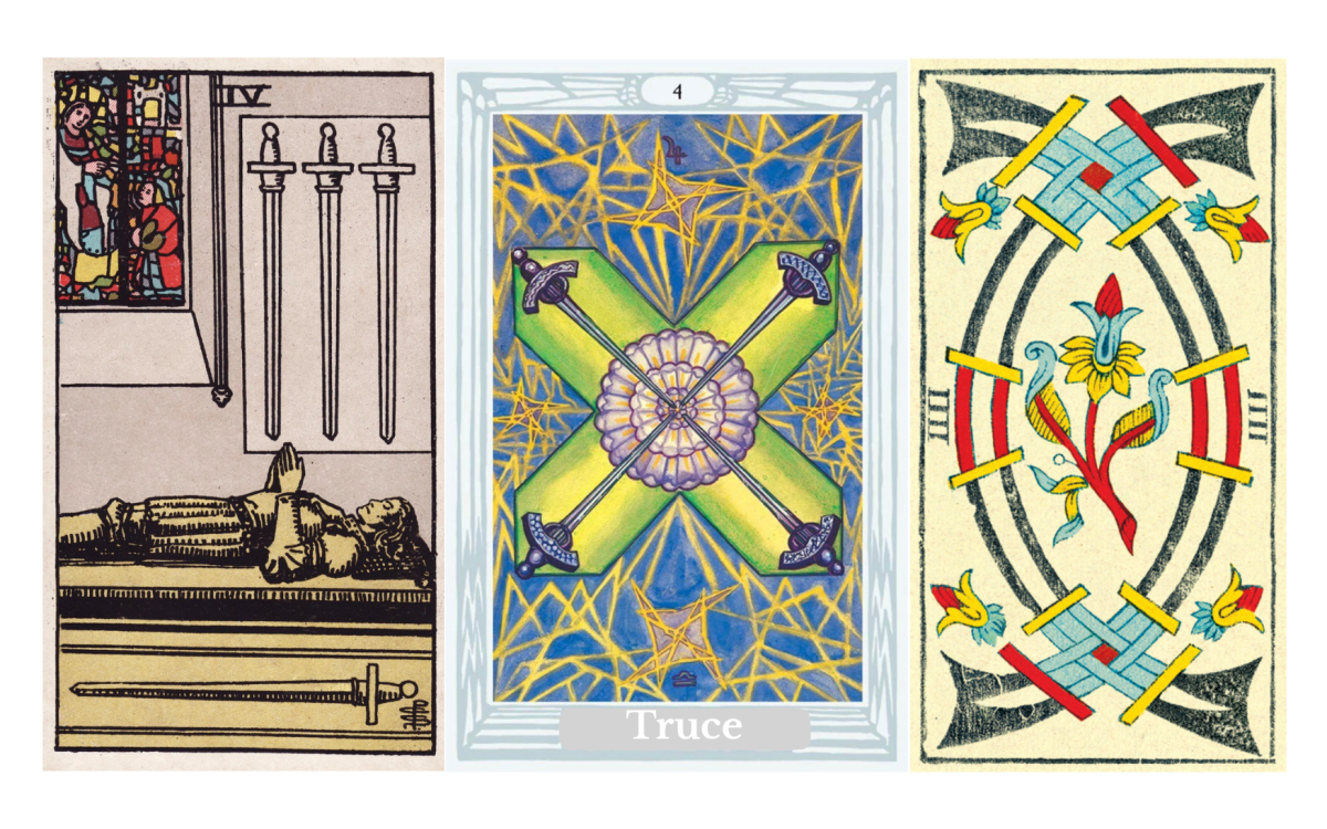 Four of Swords tarot meaning explained: a card of rest, recovery, mental peace, emotional healing after heartbreak, retreat, spiritual stillness, upright and reversed meanings, love and career guidance, psychological and spiritual interpretation, and its place in the Fool’s journey.