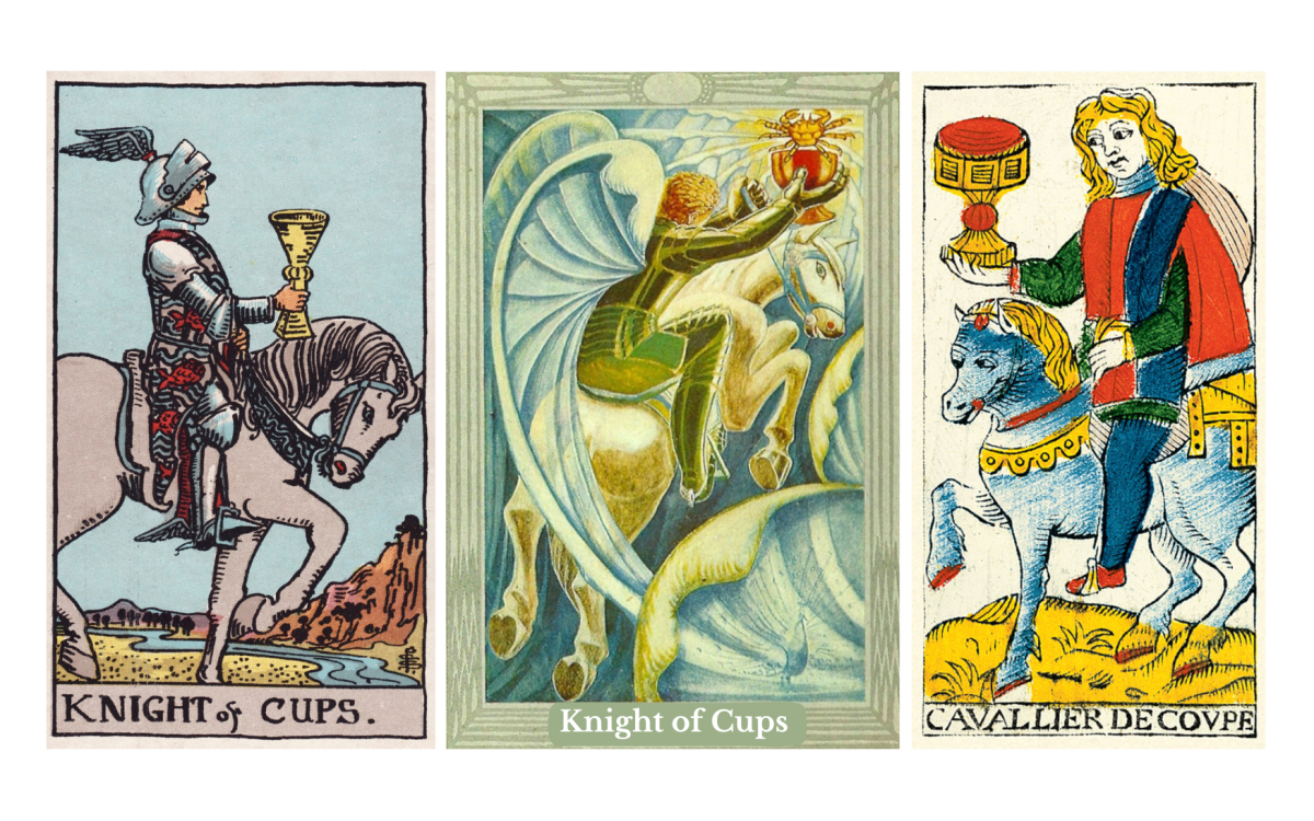 Knight of Cups tarot meaning explained: a card of romance, emotional pursuit, intuition in motion, dreams, creativity, spiritual sensitivity, upright and reversed meanings, symbolism, psychology, love, career, and its place in the Fool’s journey.