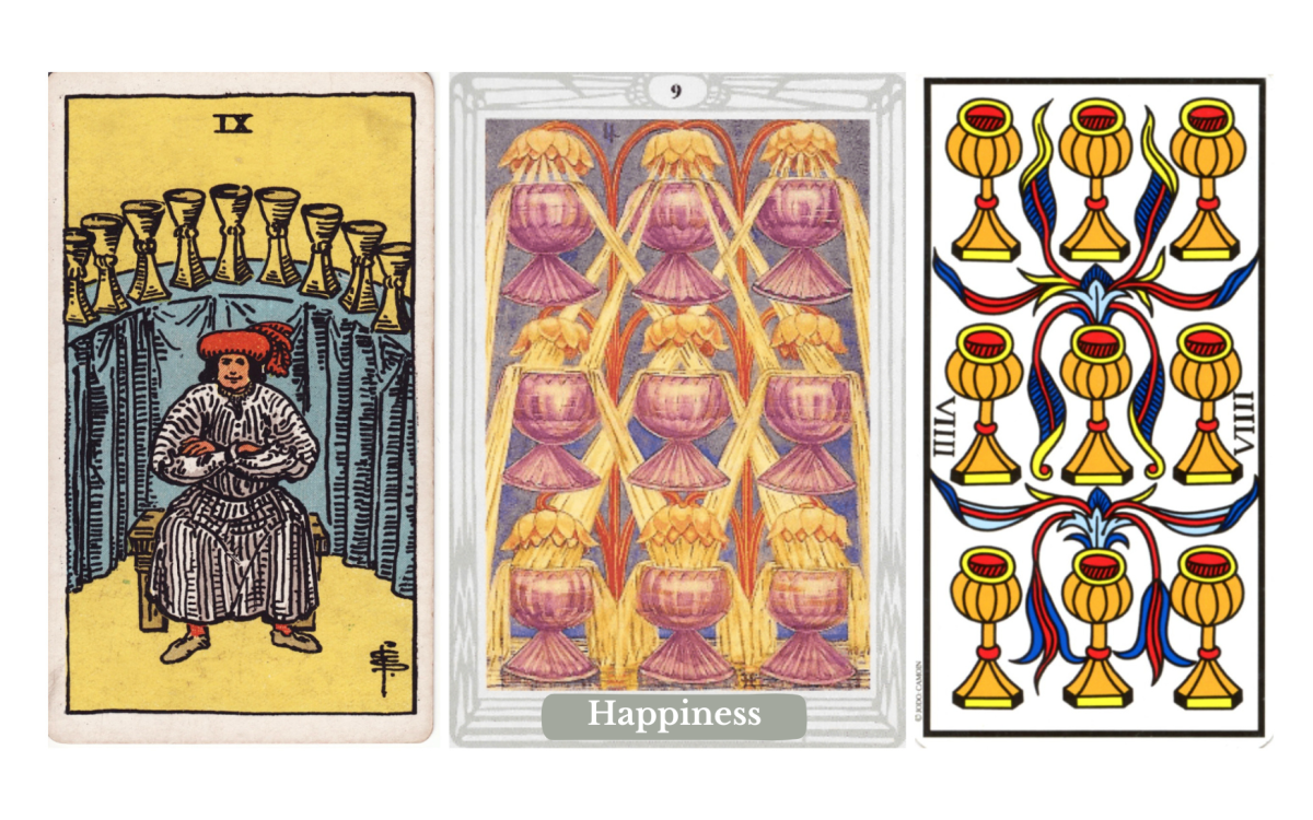 Nine of Cups tarot meaning explained: the “wish fulfilled” card of emotional satisfaction, self-worth, gratitude, success, fulfillment, upright and reversed meanings, symbolism, psychology, spirituality, and its role in the Fool’s journey.