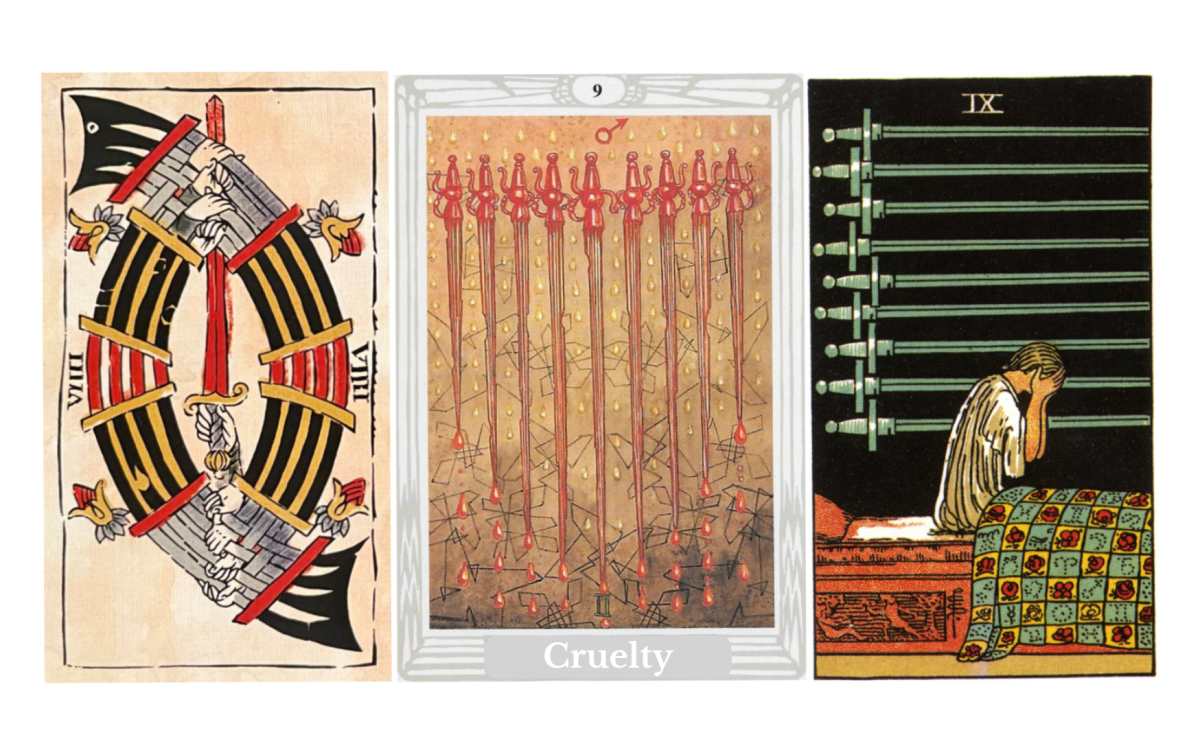 Nine of Swords Tarot Meaning — Explore the upright and reversed meanings of the Nine of Swords in love, career, health, spirituality, symbolism, yes or no guidance, and emotional interpretation.