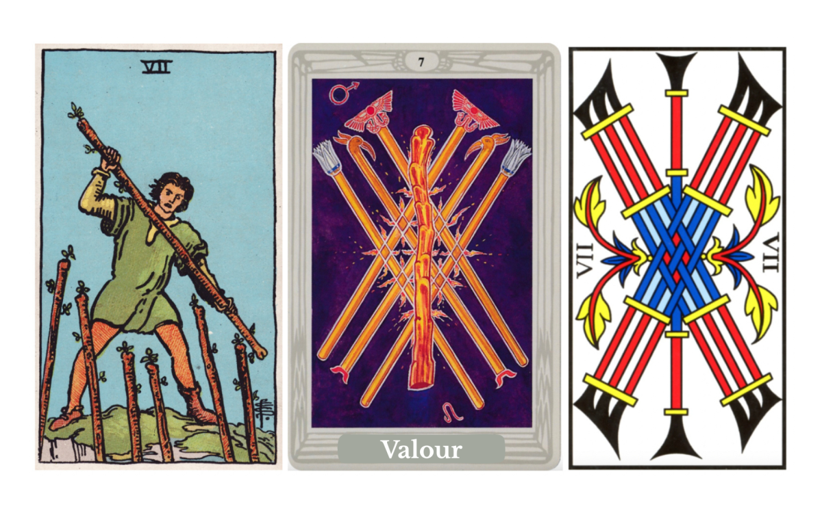 Seven of Wands tarot meaning explained: a card of courage, resilience, boundaries, self-defense, and inner strength in the Fool’s journey — symbolism, upright and reversed meanings, psychology, spirituality, love, career, and guidance.
