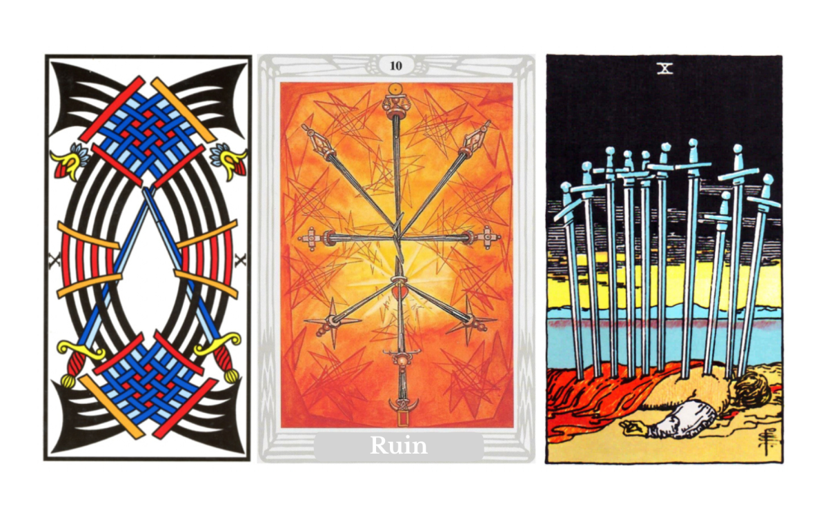 Ten of Swords tarot meaning explained: a card of painful endings, emotional collapse, betrayal, surrender, rebirth after darkness, symbolism, upright and reversed meanings, love, career, spiritual insight, and its place in the Fool’s journey.