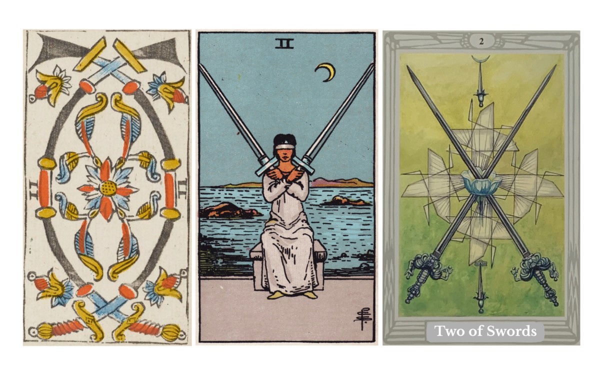 Two of Swords tarot meaning explained: a card of difficult choices, emotional blockage, inner conflict, silence, hesitation, intuition vs logic, upright and reversed meanings, symbolism, guidance in love, career, and the Fool’s journey.
